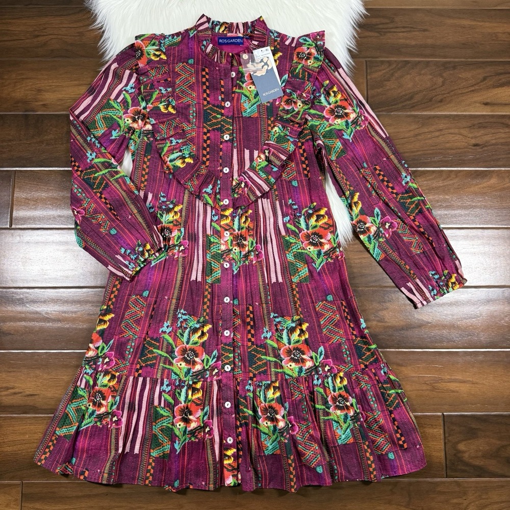 Ro's Garden Women's Size XS Roma Campeche Ruffle Purple Floral Long Sleeve Dress